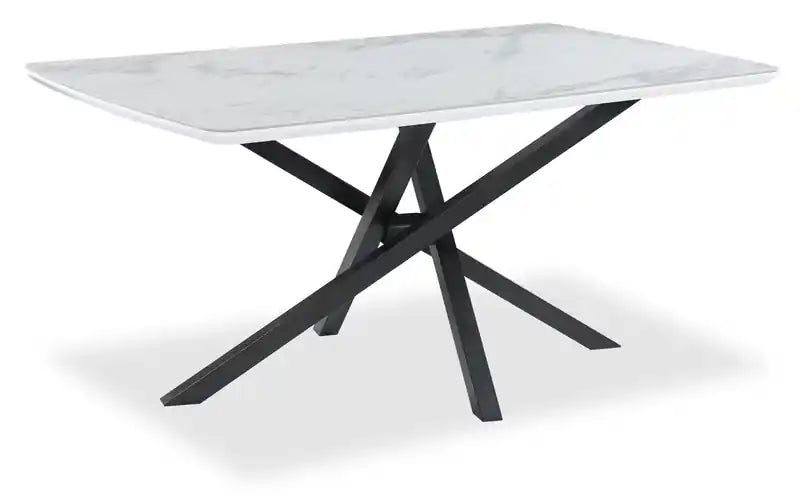 Bari Dining Table with Marble-Look Ceramic Top, Metal, Geometric Base, 63W