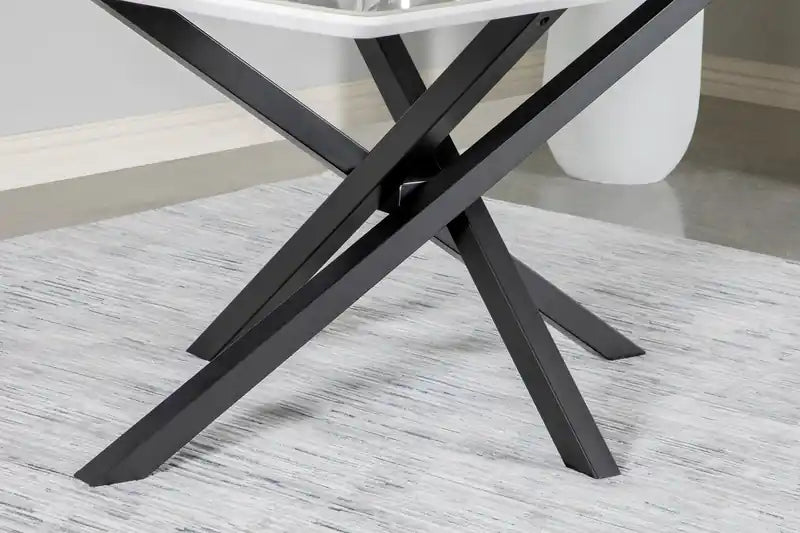 Bari Dining Table with Marble-Look Ceramic Top, Metal, Geometric Base, 63W