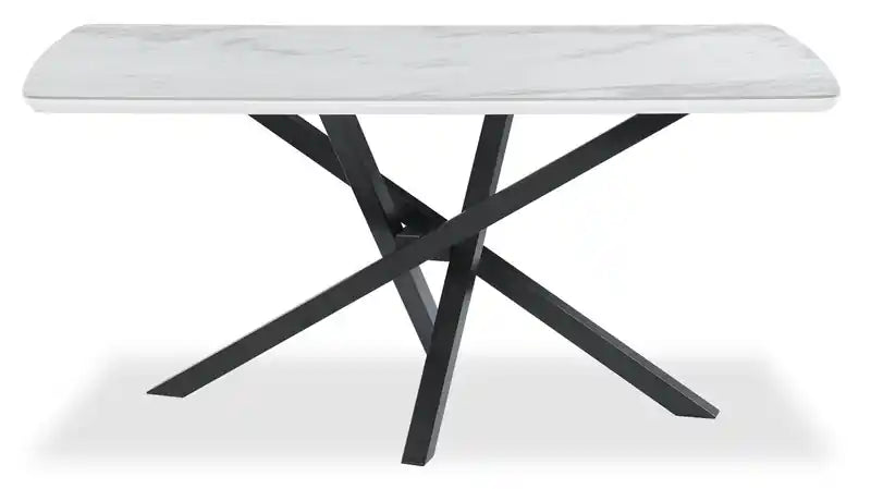 Bari Dining Table with Marble-Look Ceramic Top, Metal, Geometric Base, 63W