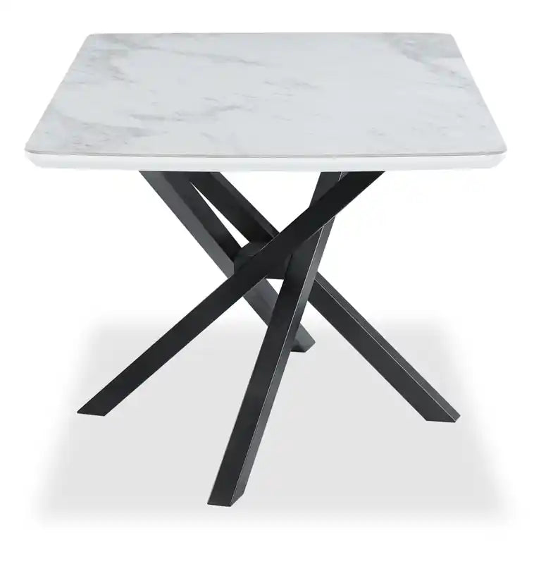 Bari Dining Table with Marble-Look Ceramic Top, Metal, Geometric Base, 63W