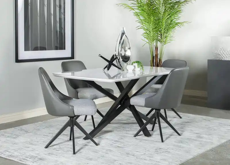 Bari Dining Table with Marble-Look Ceramic Top, Metal, Geometric Base, 63W