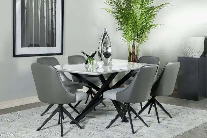 Bari Dining Table with Marble-Look Ceramic Top, Metal, Geometric Base, 63W