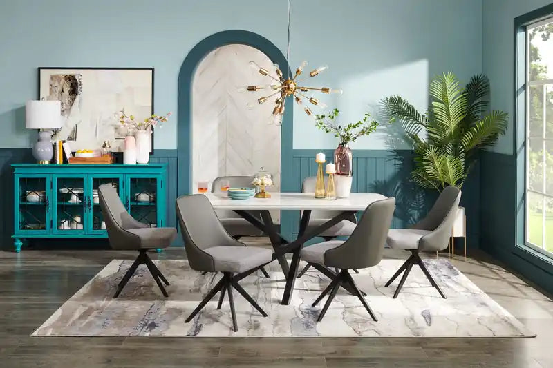Bari Dining Table with Marble-Look Ceramic Top, Metal, Geometric Base, 63W