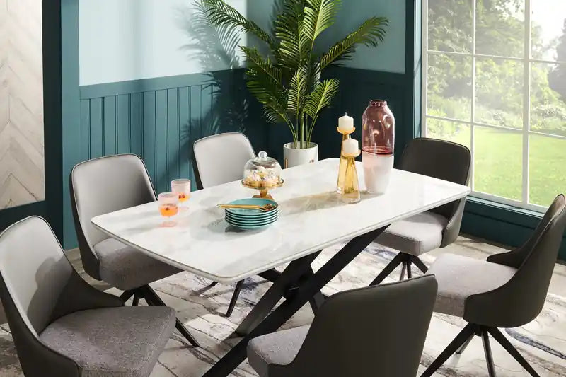 Bari Dining Table with Marble-Look Ceramic Top, Metal, Geometric Base, 63W