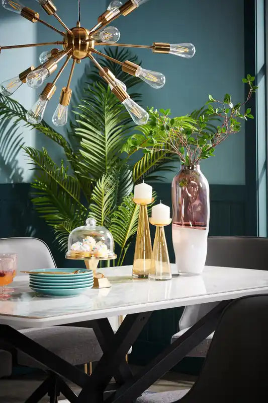 Bari Dining Table with Marble-Look Ceramic Top, Metal, Geometric Base, 63W