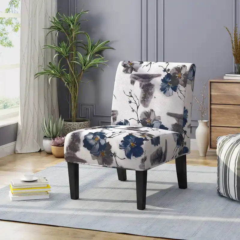 Linen-look Fabric Accent Chair With Rubberwood Legs- Blue, Multicolour