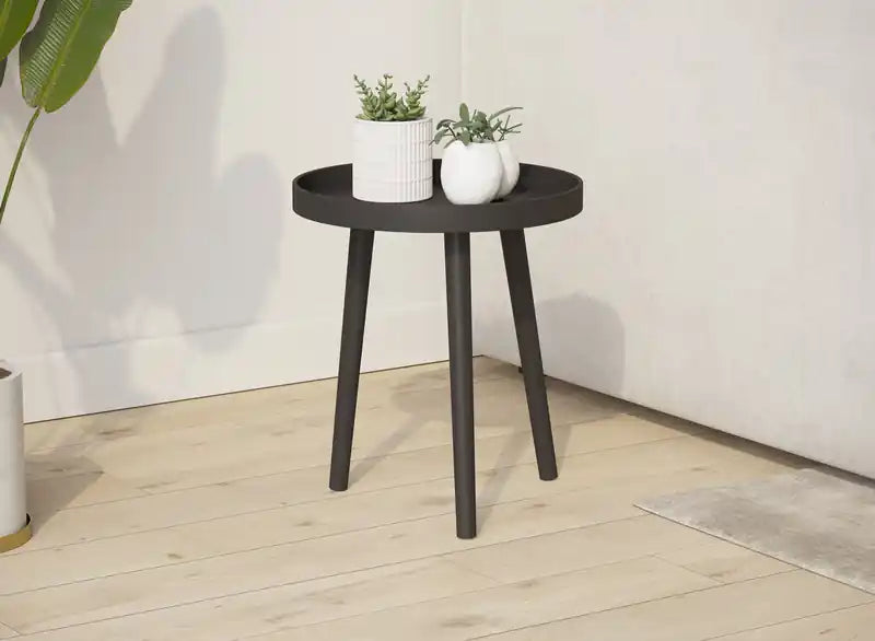 End Table With Black Pine Base - Black Round Shape Top