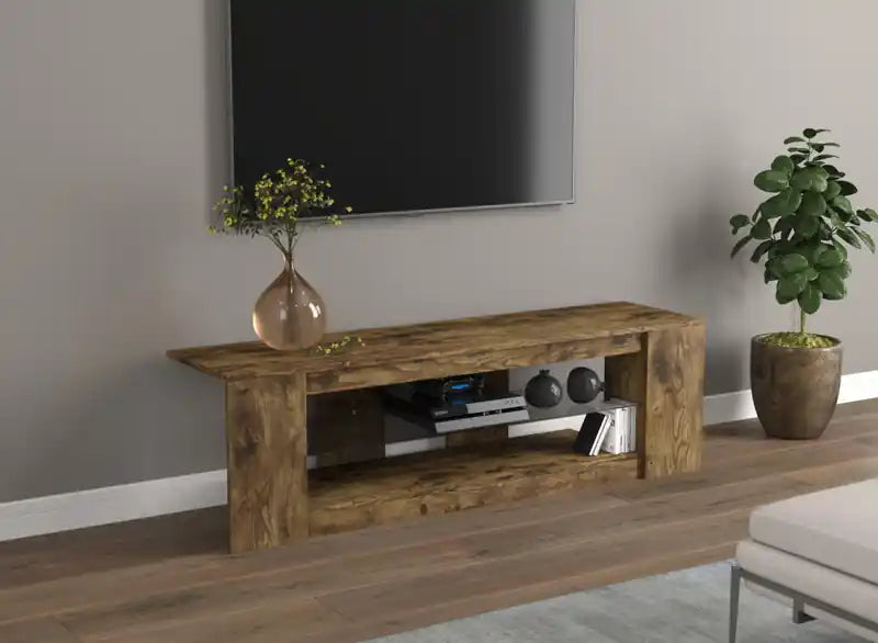 55 TV Stand With 2 Shelves And Tempered Glass - Brown Reclaimed Wood