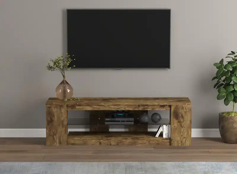 55 TV Stand With 2 Shelves And Tempered Glass - Brown Reclaimed Wood