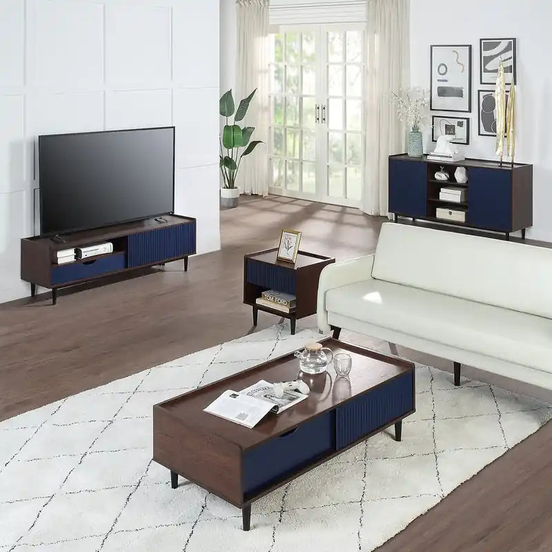 Modern Ribbed Coffee Table with Drawer & Shelf - Dark Brown & Navy Blue