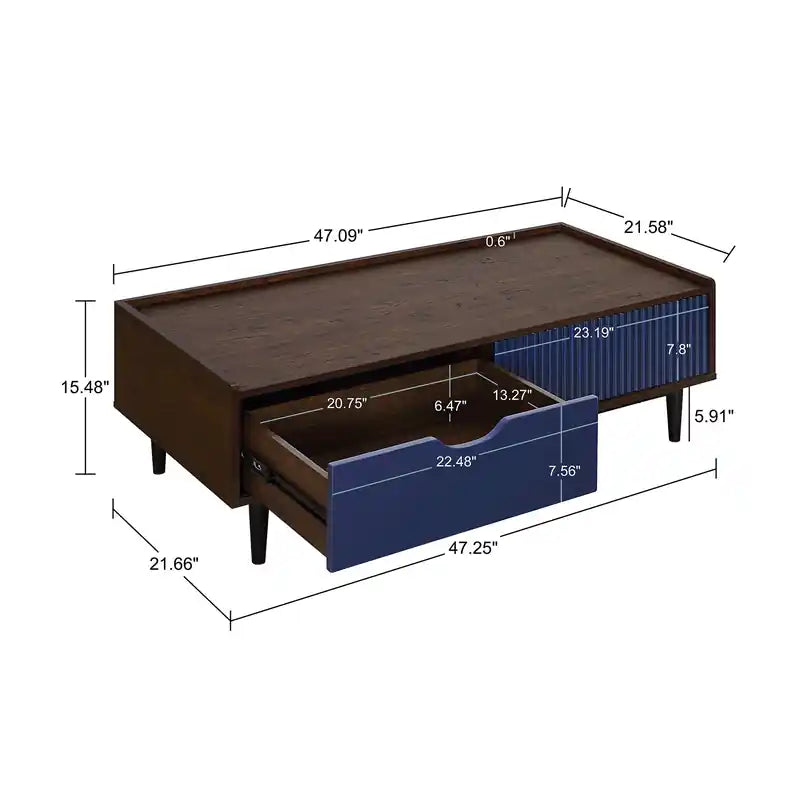 Modern Ribbed Coffee Table with Drawer & Shelf - Dark Brown & Navy Blue