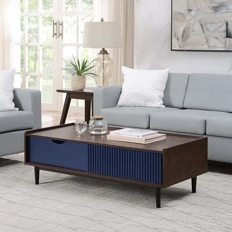Modern Ribbed Coffee Table with Drawer & Shelf - Dark Brown & Navy Blue
