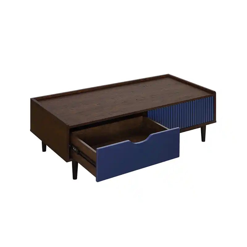 Modern Ribbed Coffee Table with Drawer & Shelf - Dark Brown & Navy Blue