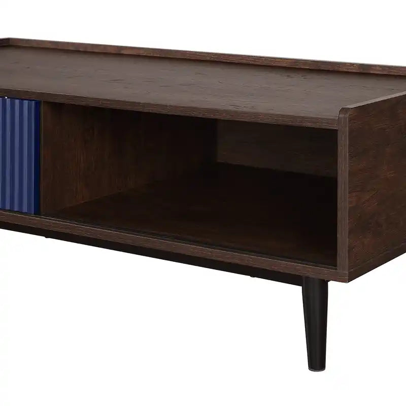 Modern Ribbed Coffee Table with Drawer & Shelf - Dark Brown & Navy Blue