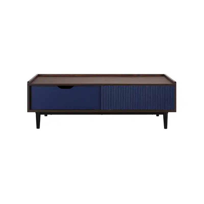 Modern Ribbed Coffee Table with Drawer & Shelf - Dark Brown & Navy Blue