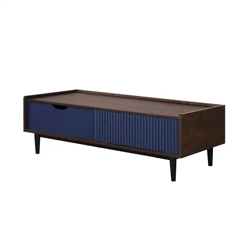 Modern Ribbed Coffee Table with Drawer & Shelf - Dark Brown & Navy Blue
