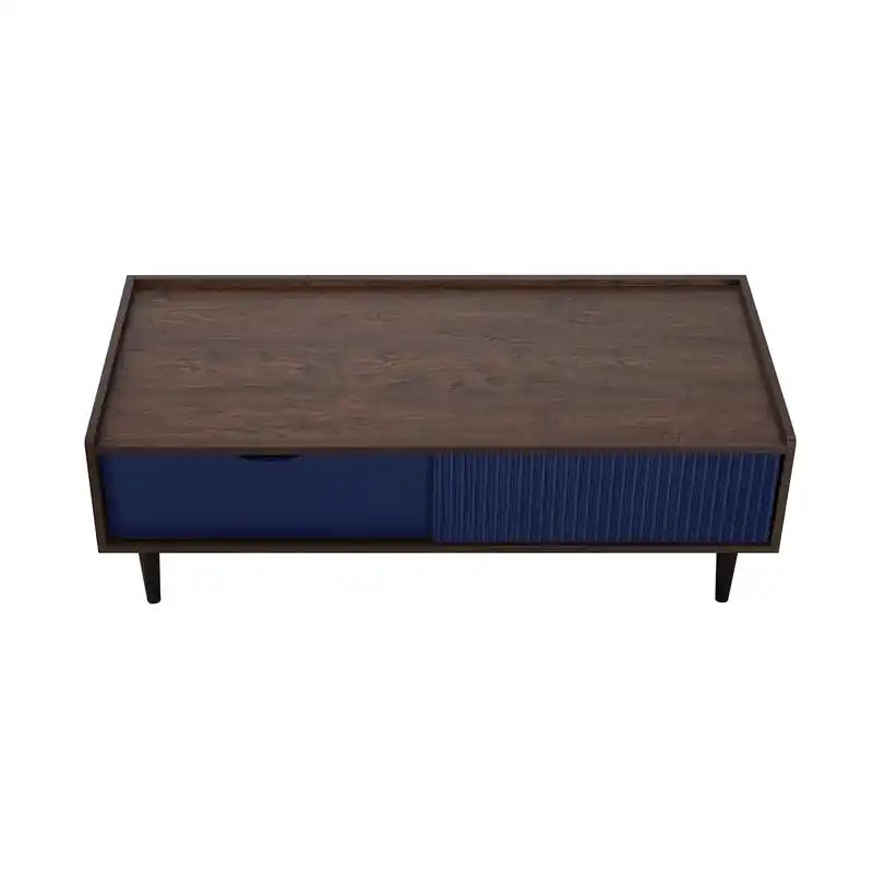 Modern Ribbed Coffee Table with Drawer & Shelf - Dark Brown & Navy Blue