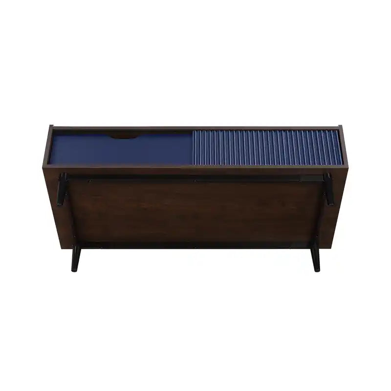 Modern Ribbed Coffee Table with Drawer & Shelf - Dark Brown & Navy Blue