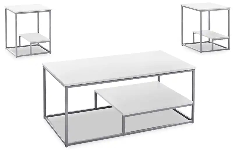 Jules 42.25 Modern 3-Pack Coffee + 2 End Tables with Shelf - White with Grey Metal Frame