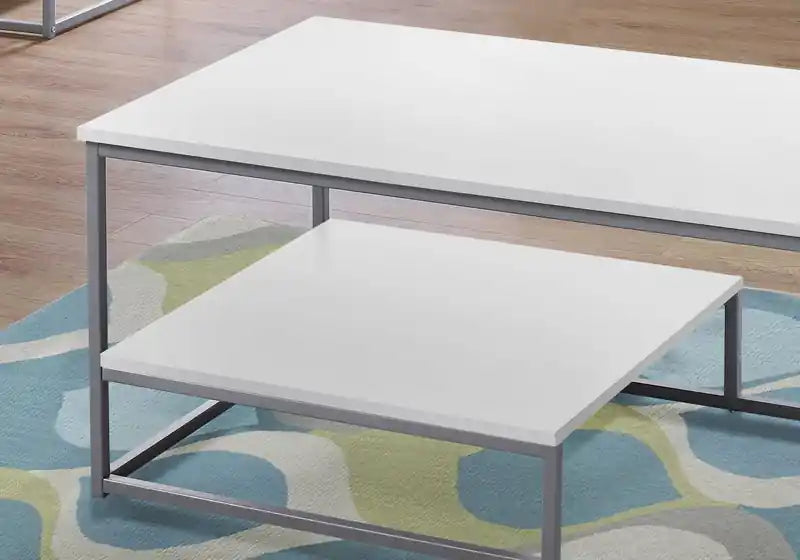 42.25 Modern 3-Pack Coffee + 2 End Tables with Shelf - White with Grey Metal Frame