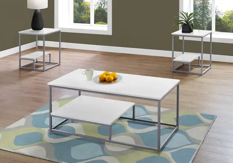 42.25 Modern 3-Pack Coffee + 2 End Tables with Shelf - White with Grey Metal Frame