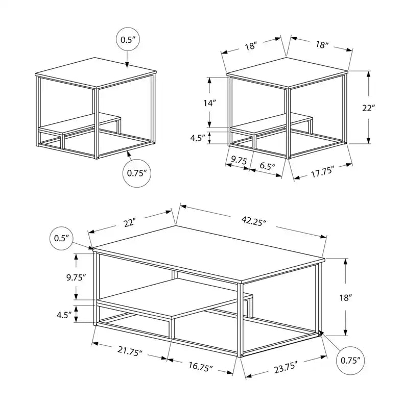 42.25 Modern 3-Pack Coffee + 2 End Tables with Shelf - White with Grey Metal Frame