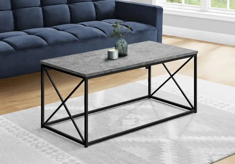 40.5 Modern Coffee Table - Grey Stone Look with Black Metal Base